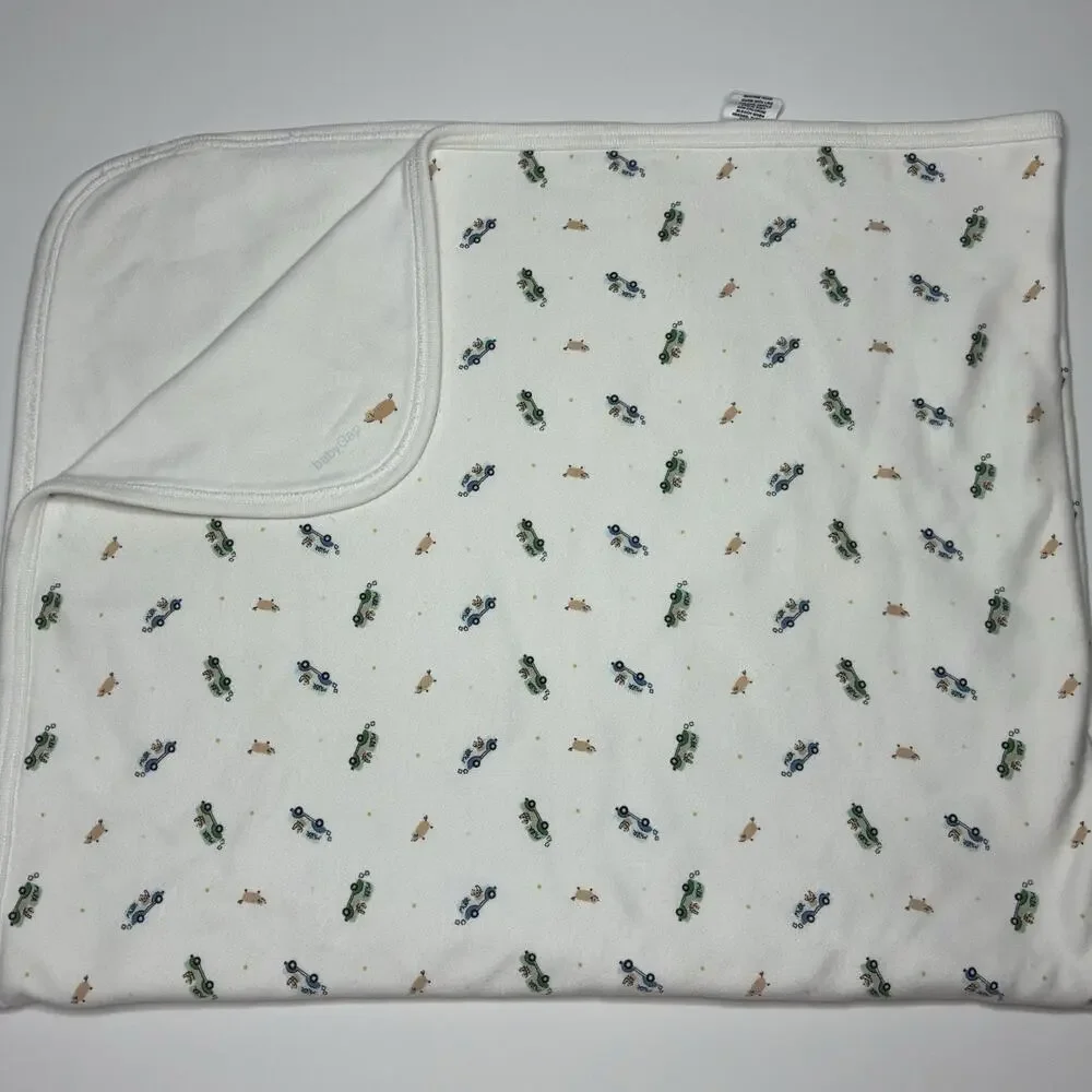Vintage 1999 Baby GAP Baby Blanket White Green Blue Polka Dot Pig Trucks READ